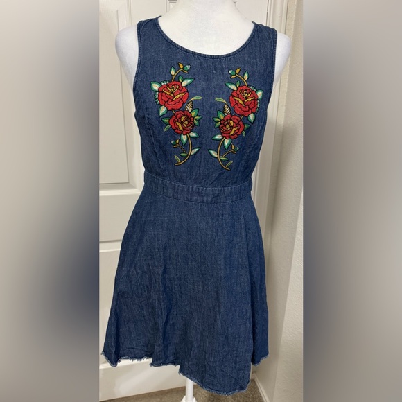 A. Calin Dresses & Skirts - A Calin Small Denim Mini Rose Embroidered Racerback Cowgirl Mini Dress Size M
